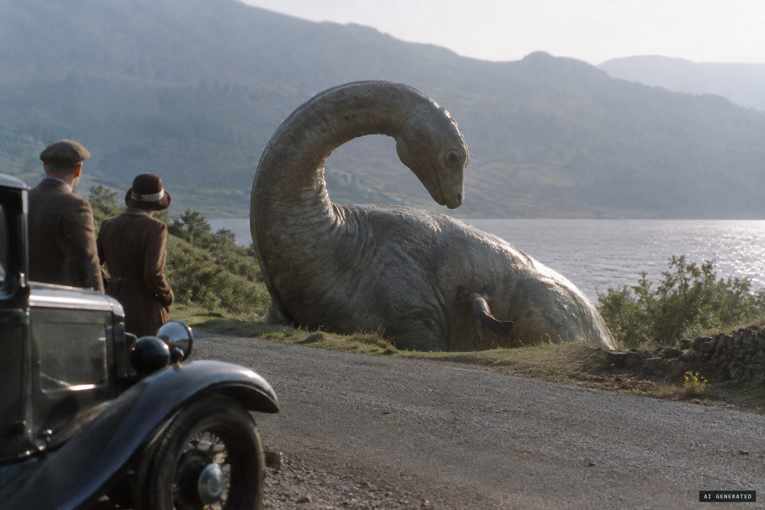 Greyish like a dirty elephant, a huge snail with a long neck, with no legs to be seen