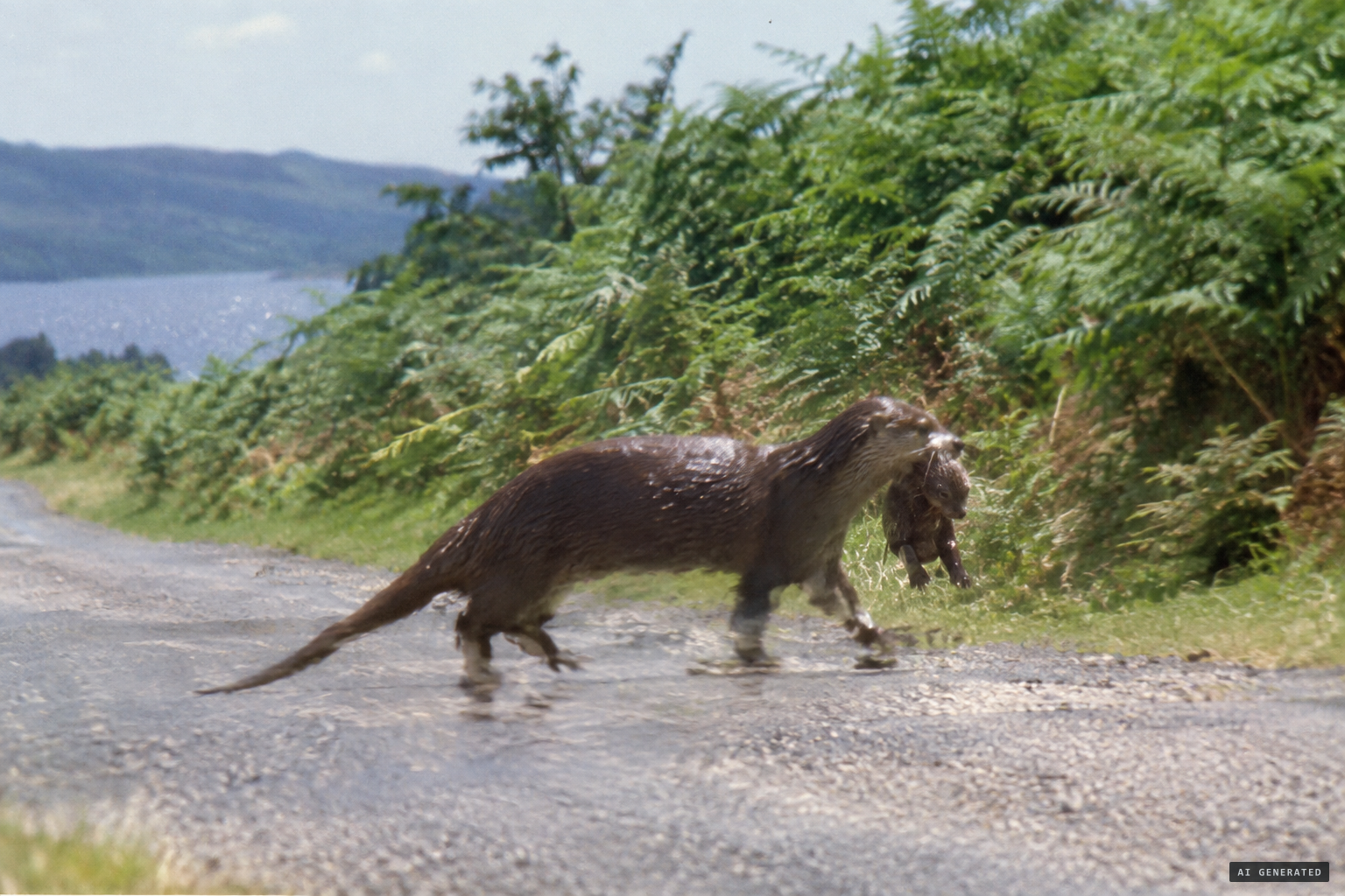 An otter carrying its young, magnified by heat haze, one of the proposed explanations