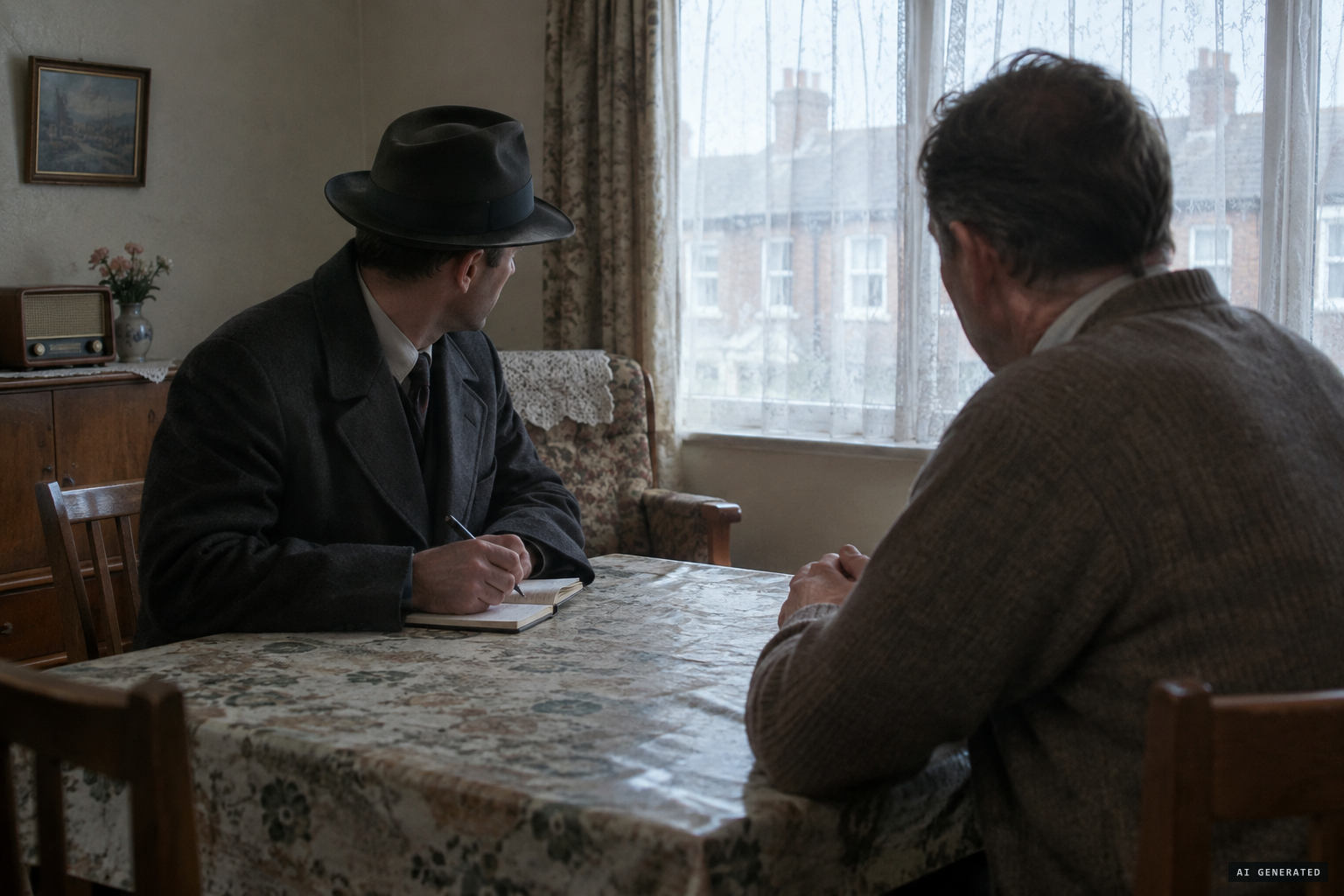A Special Branch inspector interviews King at his Fulham home