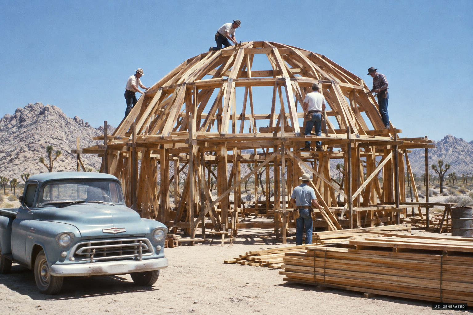 Van Tassel's crew raising the Integratron, a nail-free wooden dome