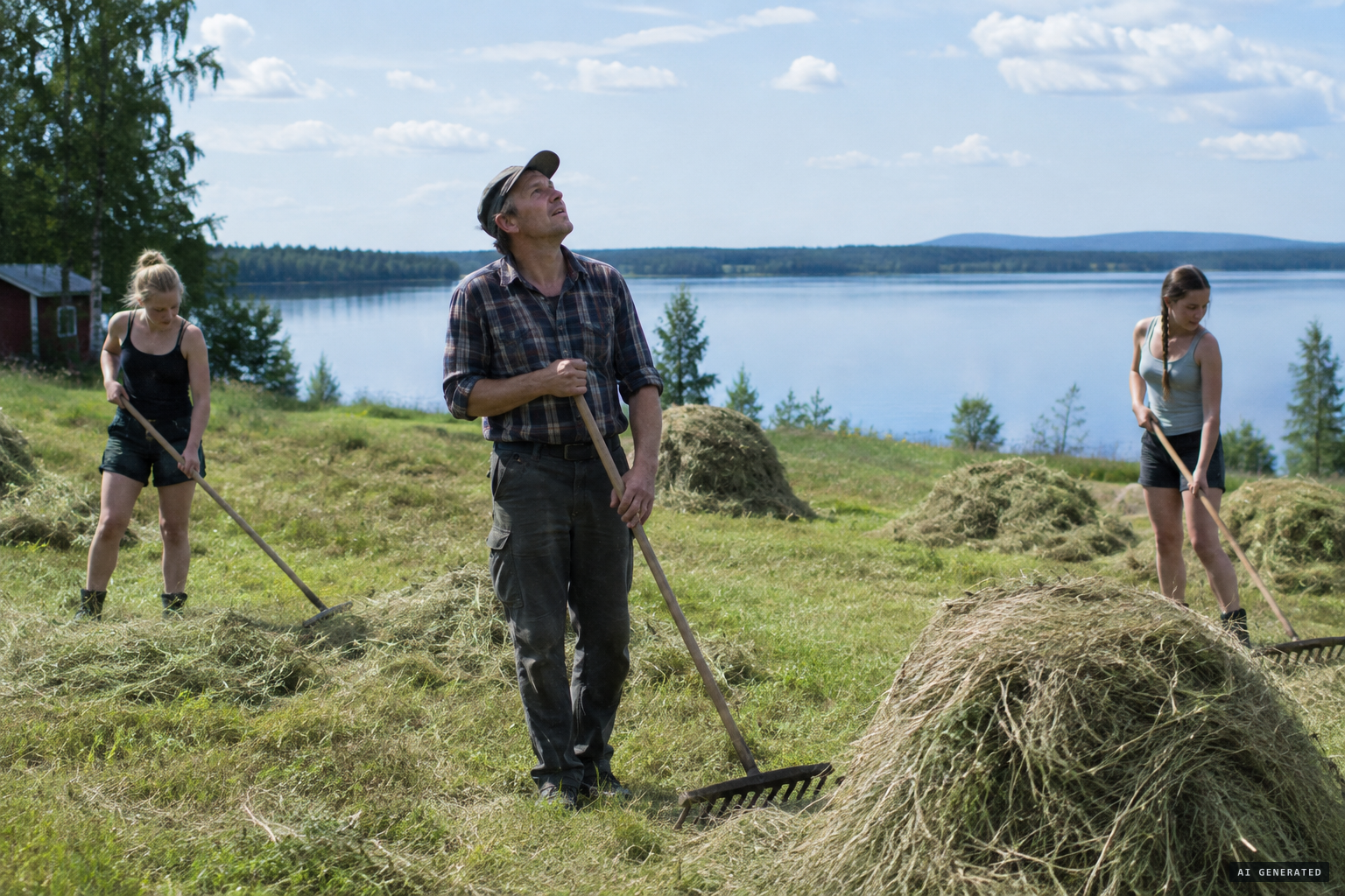 Lake Kölmjärv, 11:45: haymakers hear a hum from the sky