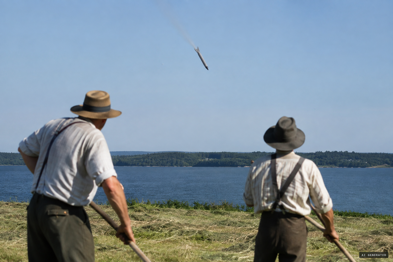 An ashen-gray rocket-like device dives toward the lake