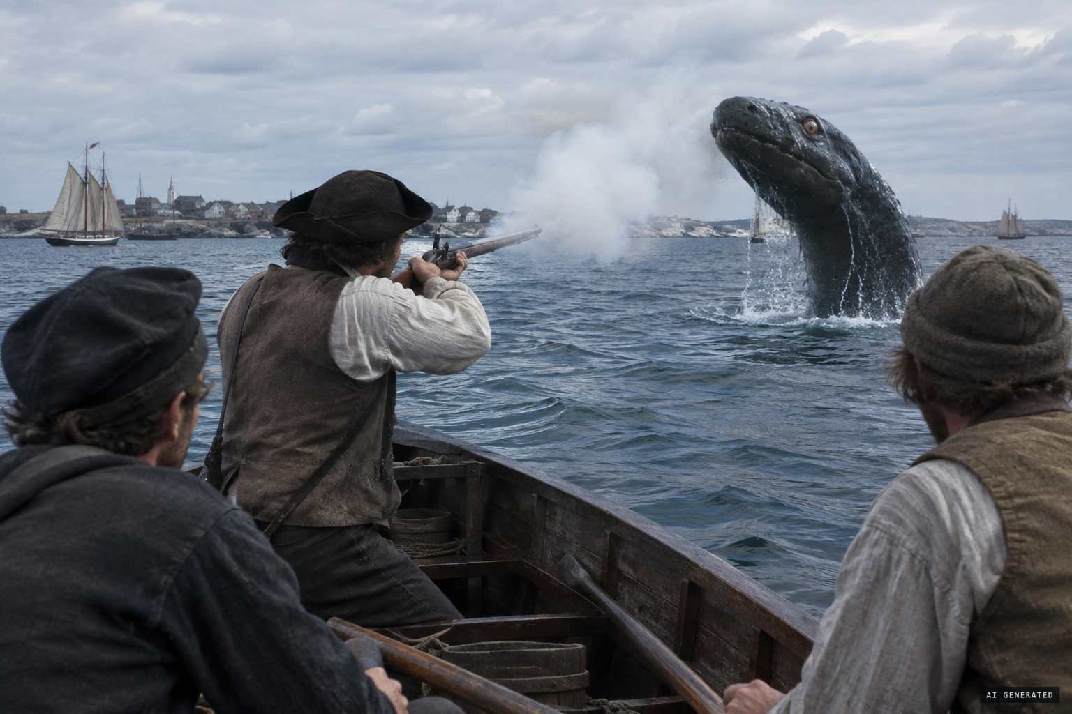Matthew Gaffney fires at the serpent from his boat, 30 feet away
