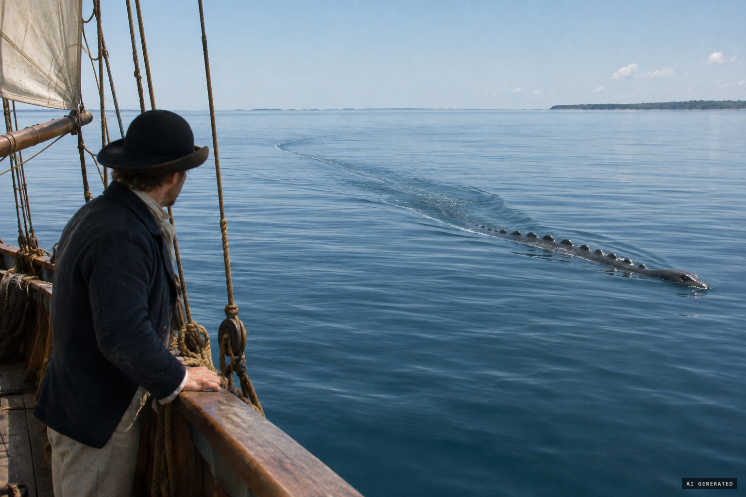 From the schooner Laura, the serpent is seen with bunches on its back and a very long wake