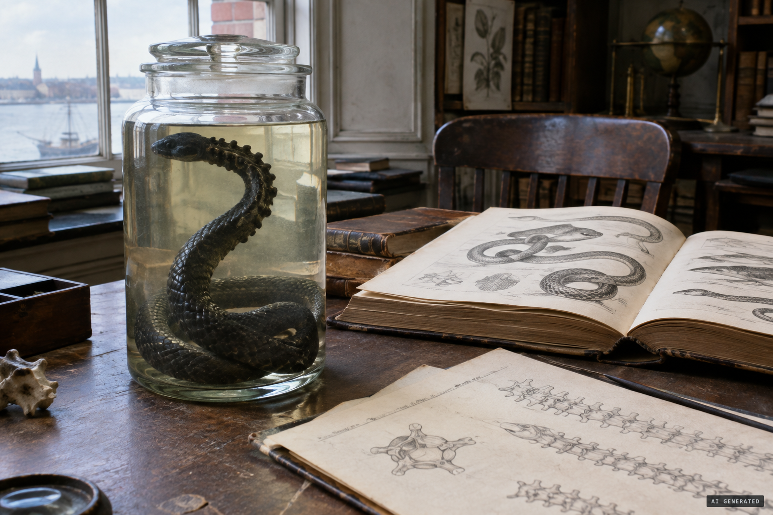 The specimen turns out to be a common black snake with a diseased spine