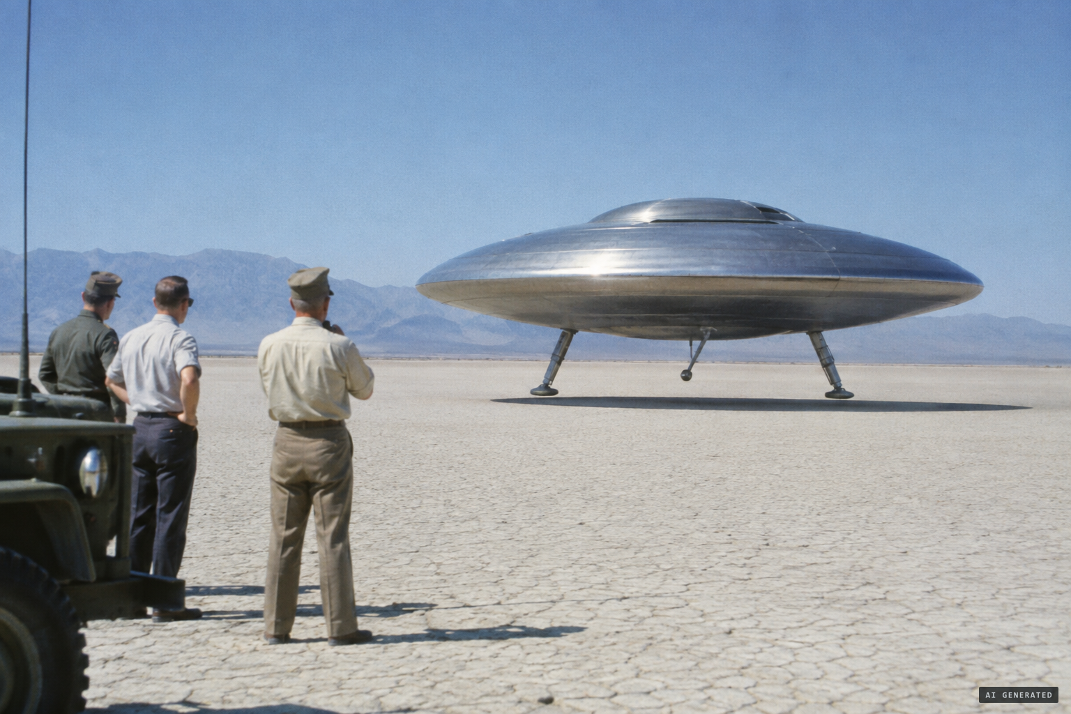 In Cooper's telling, the metallic craft lowers three legs over the dry lakebed
