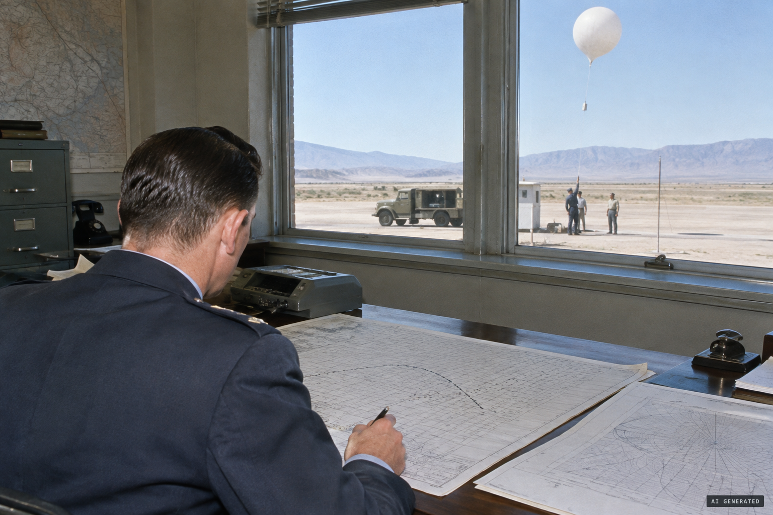 Colonel Klein checks the balloon track and wind direction and rejects the balloon explanation