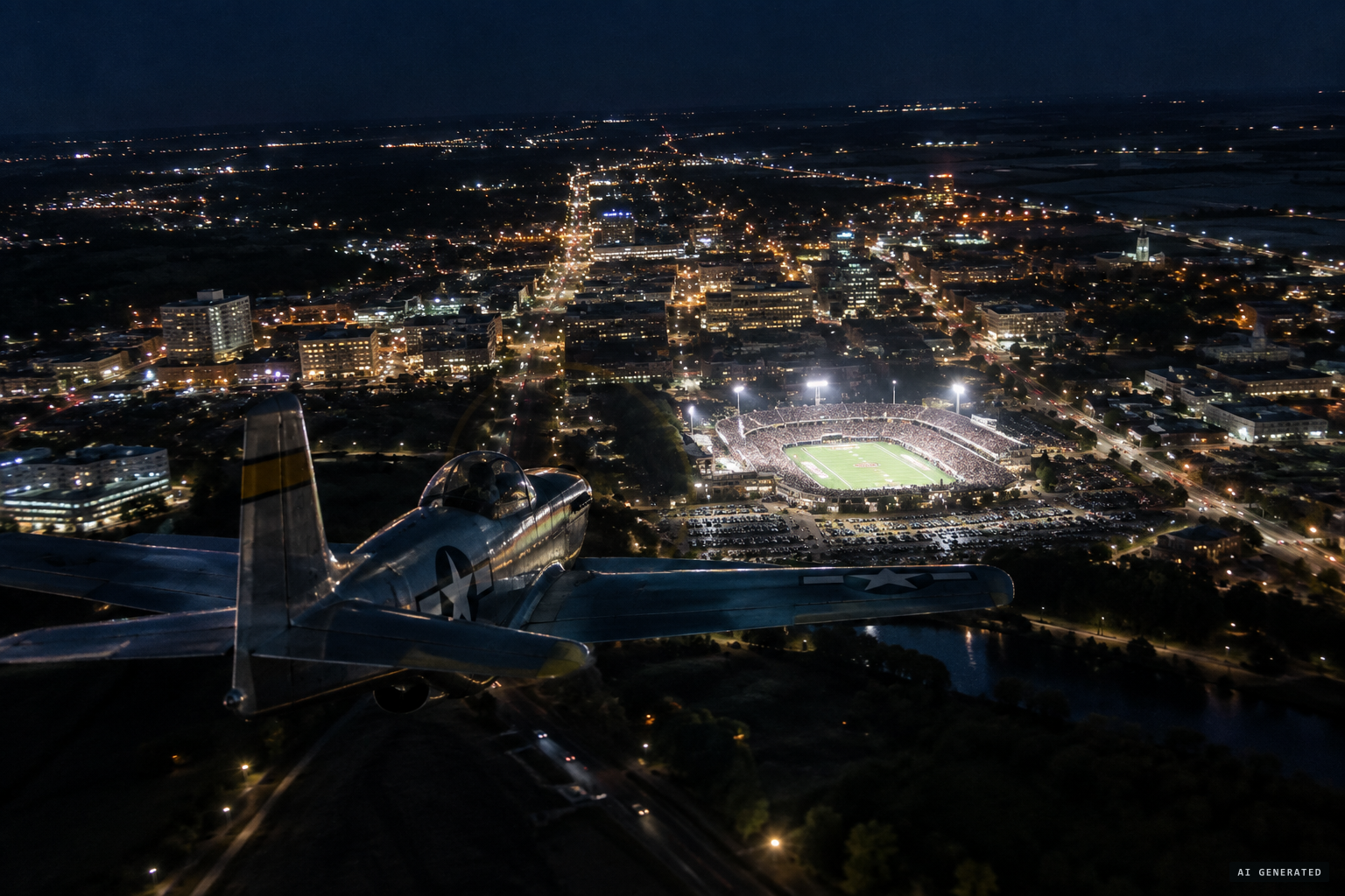 Gorman's F-51 Mustang comes in over Fargo as the Bison play under the lights at Dacotah Field