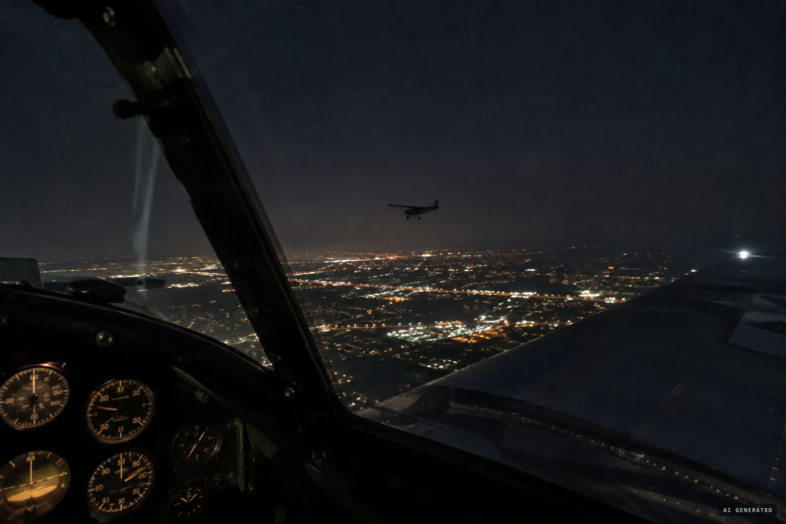 A light like a taillight passes Gorman on his right while the Piper Cub is outlined against the city lights