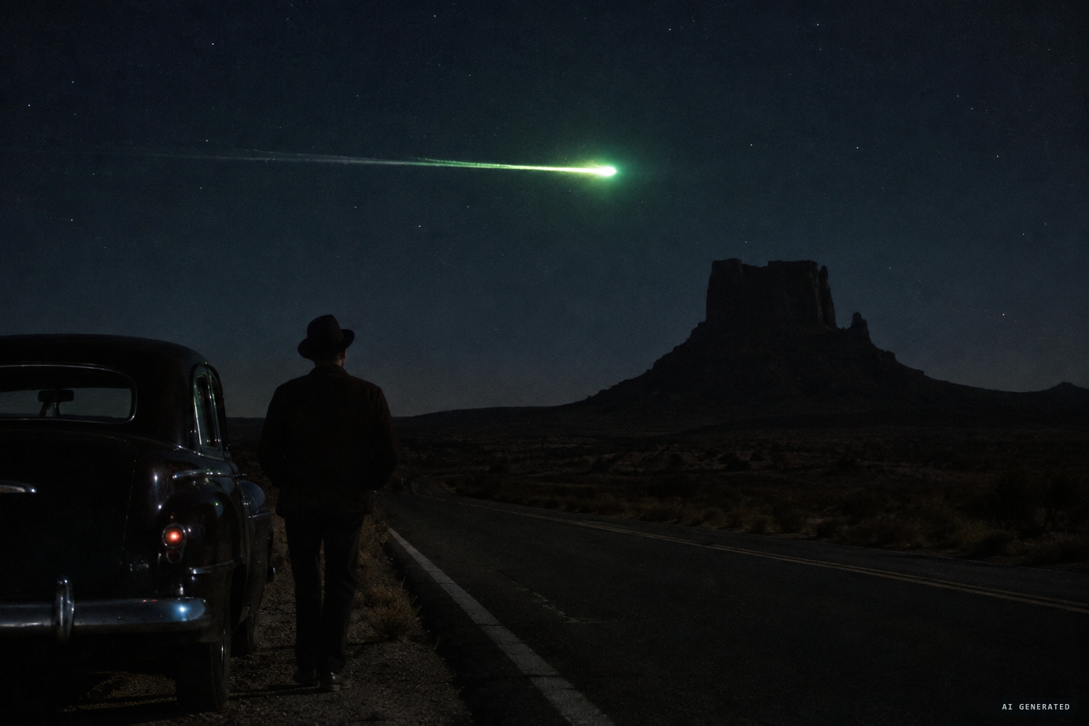 On Highway 84 near Starvation Peak, LaPaz sees a green fireball cross almost horizontally