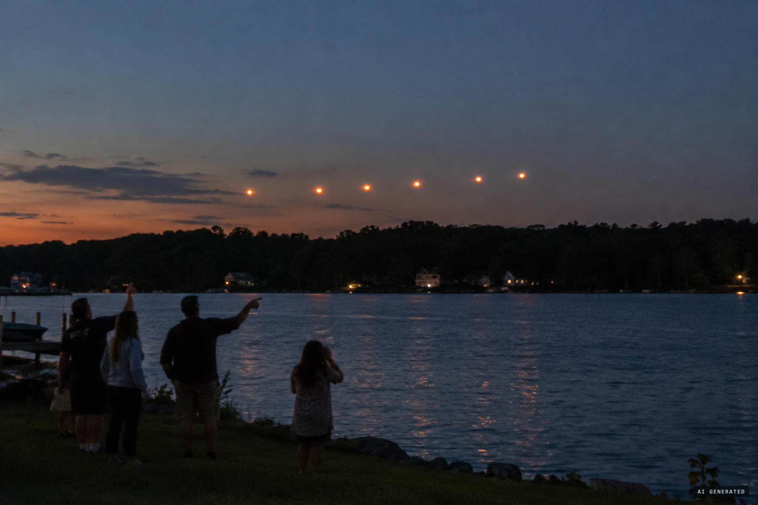 Residents report orange lights along the treetops and a disc over the water