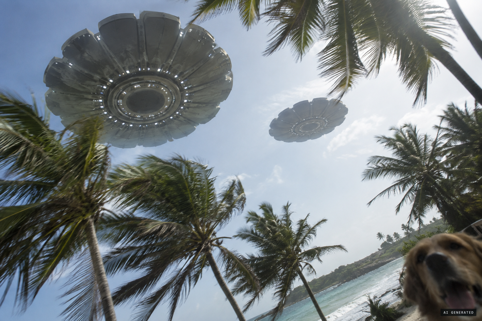 Two large flower-shaped craft pass low over the palms