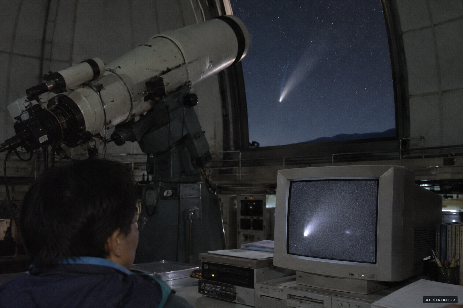 Comet Hale-Bopp photographed as it approached, with an object some thought moved alongside it