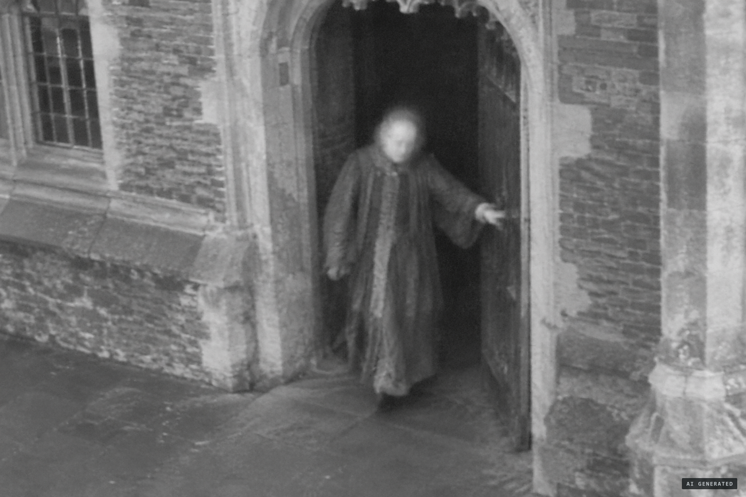 The figure in period dress steps from the doorway, reaching for the handle