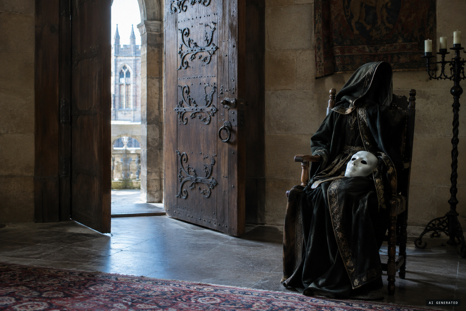 The satirical recipe: a large wooden door (opened) and a willing employee in period costume