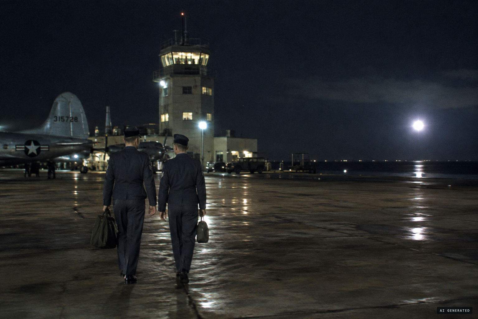 Two airmen crossing the ramp spot a large brilliant light over Tokyo Bay