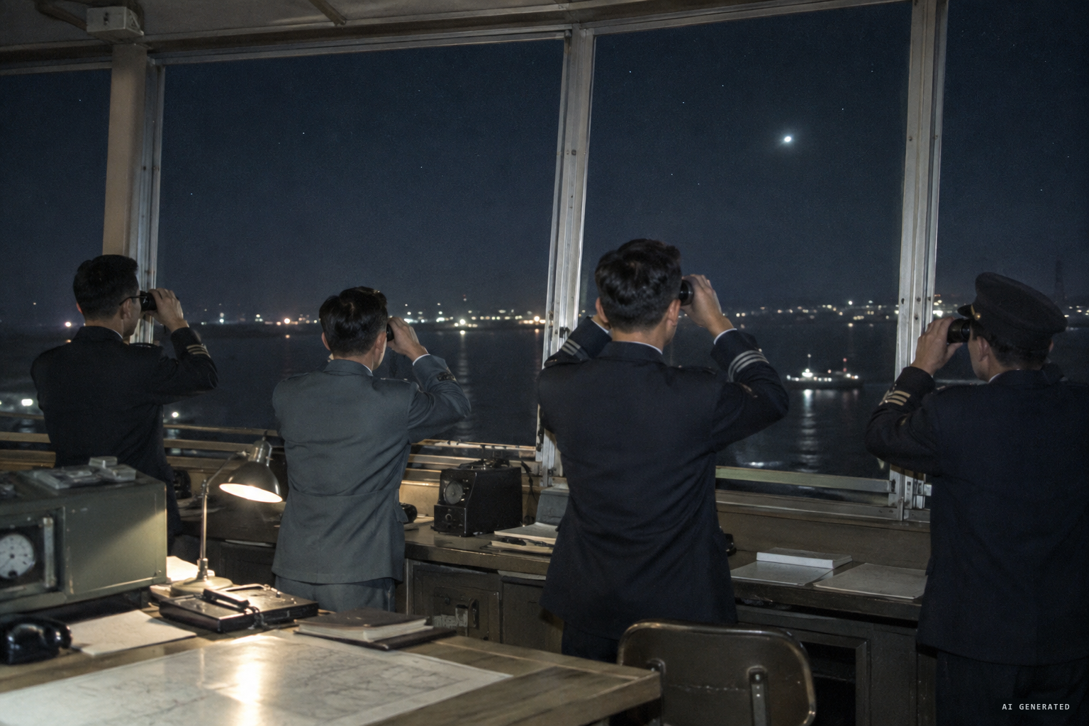 Four tower operators watch the light through binoculars for nearly an hour