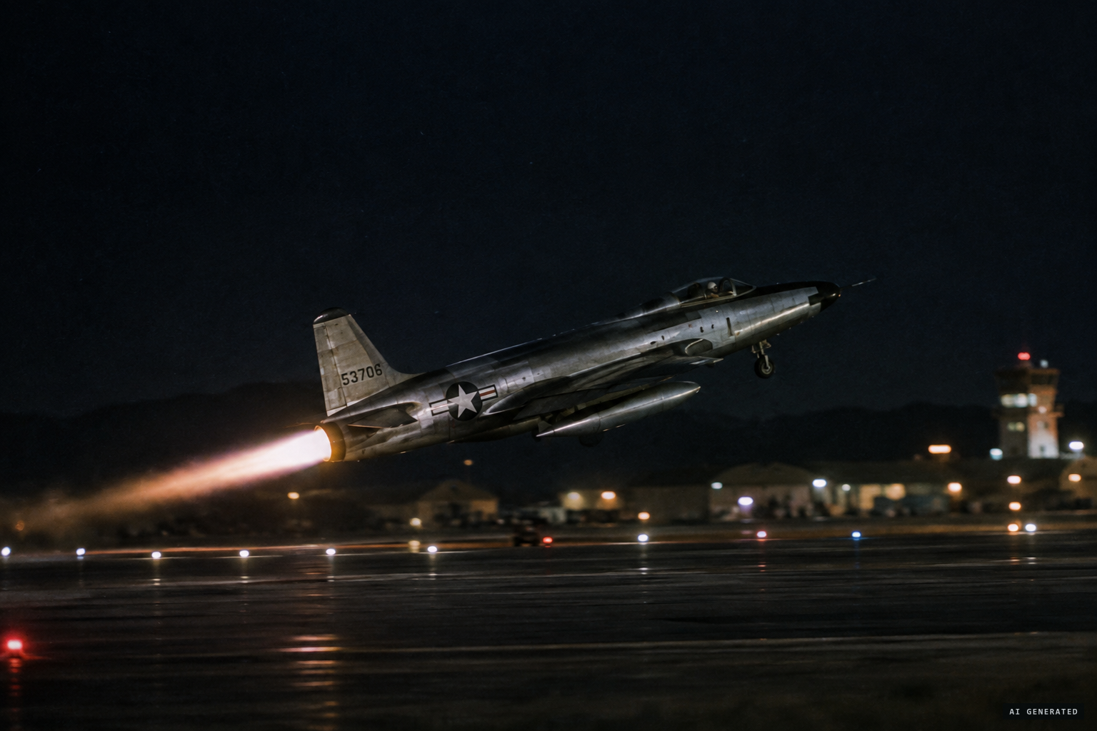 An F-94 flown by Lt. Holder, with Lt. Jones on radar, lifts off from Johnson AFB