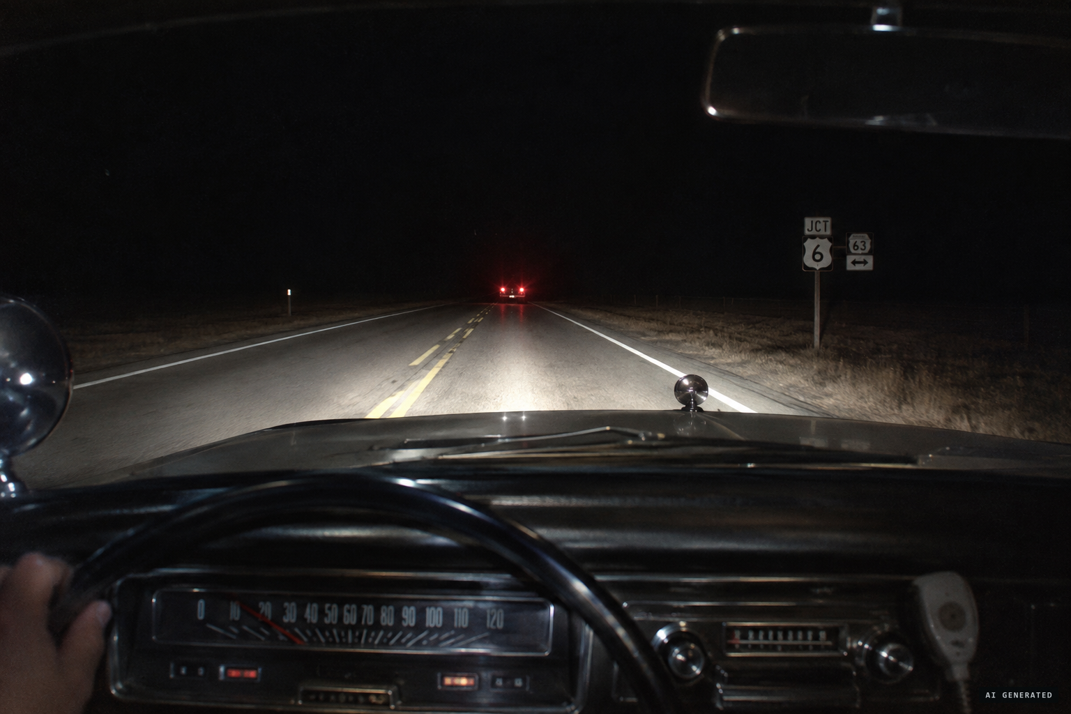 At the highway junction, red lights blink ahead and he stops his patrol car