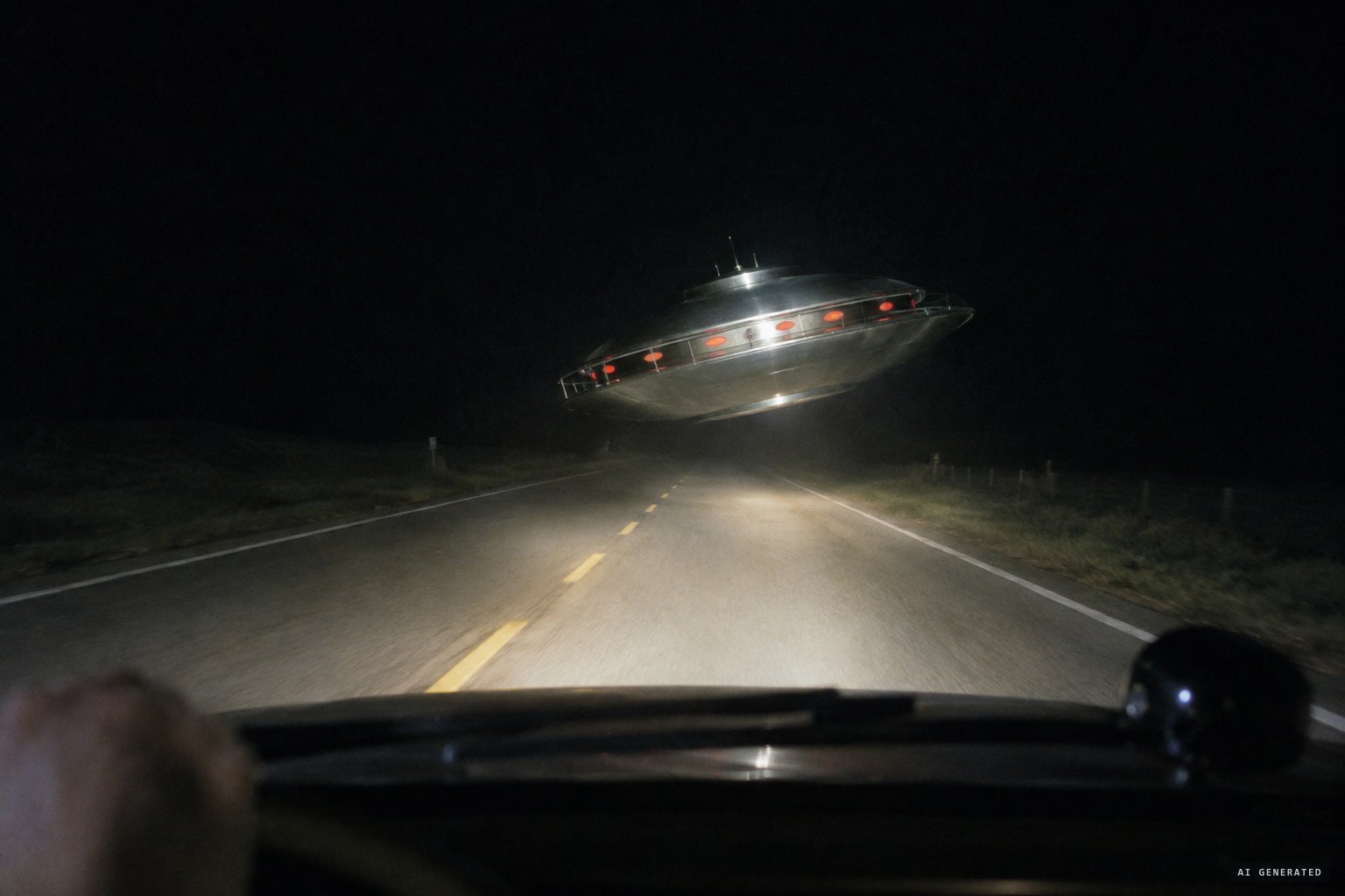 A saucer-shaped object hovers above the highway, tilted, with a cat-walk around it