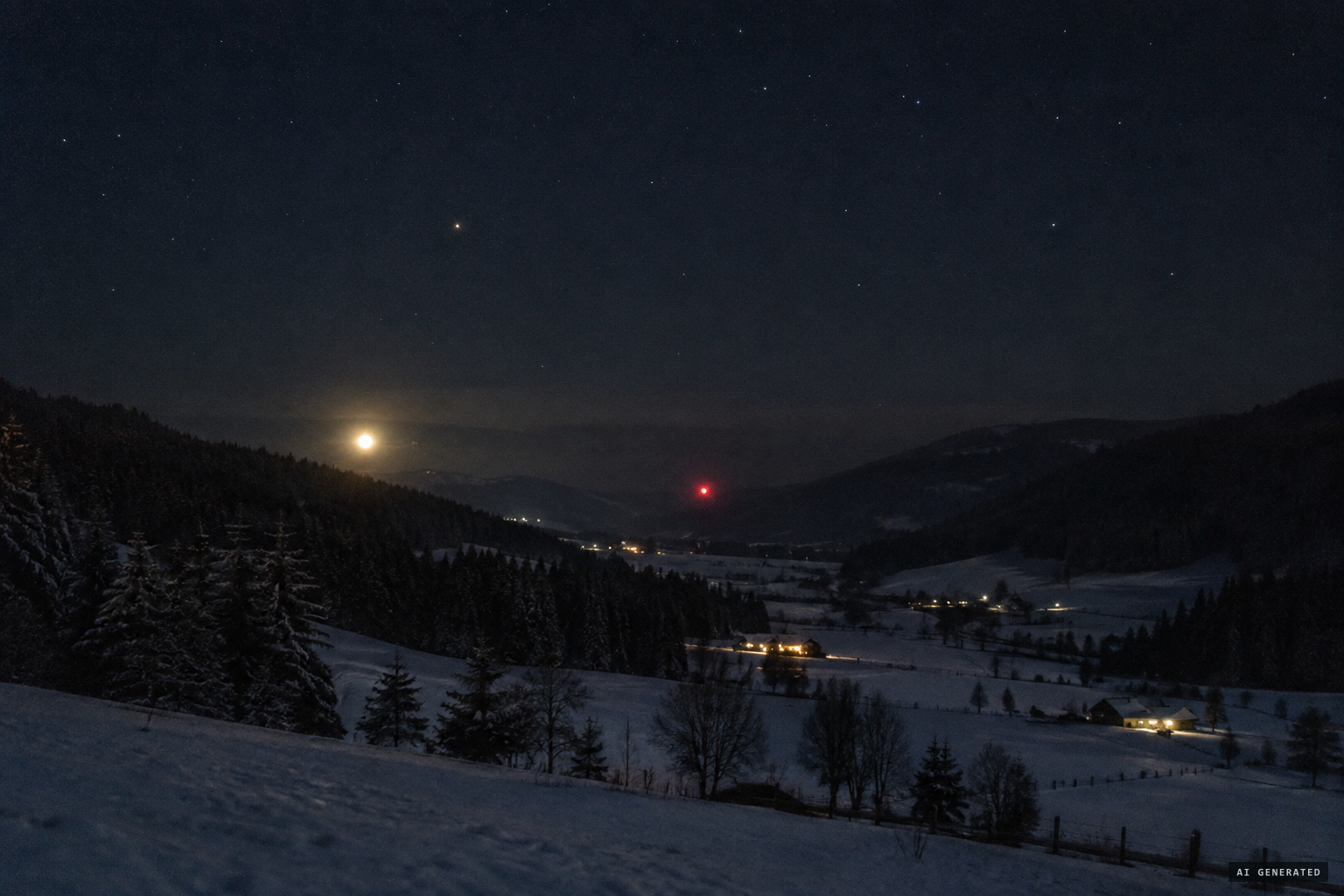 White, yellow and red lights stand still or drift slowly through the valley