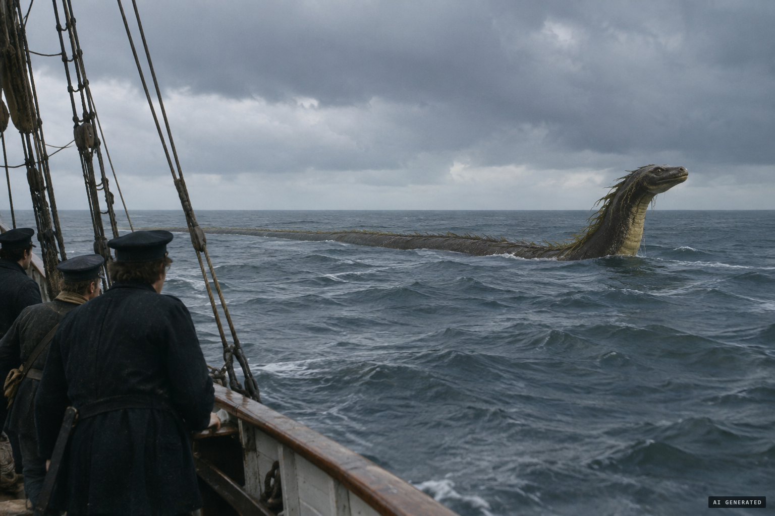An enormous serpent, head and shoulders held four feet above the sea