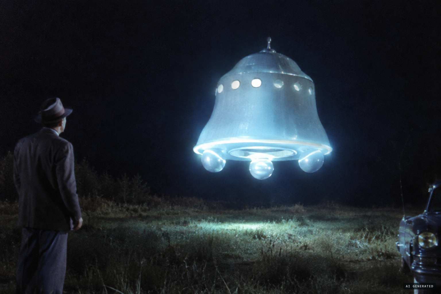 The bluish-white craft hovers just above the ground at 12:45 a.m.