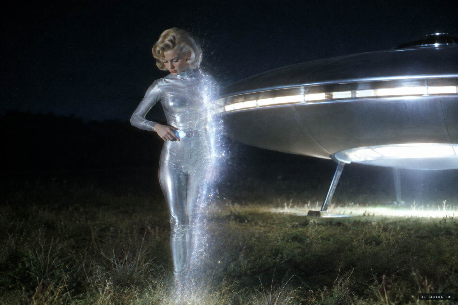 The space woman touches her belt and vanishes