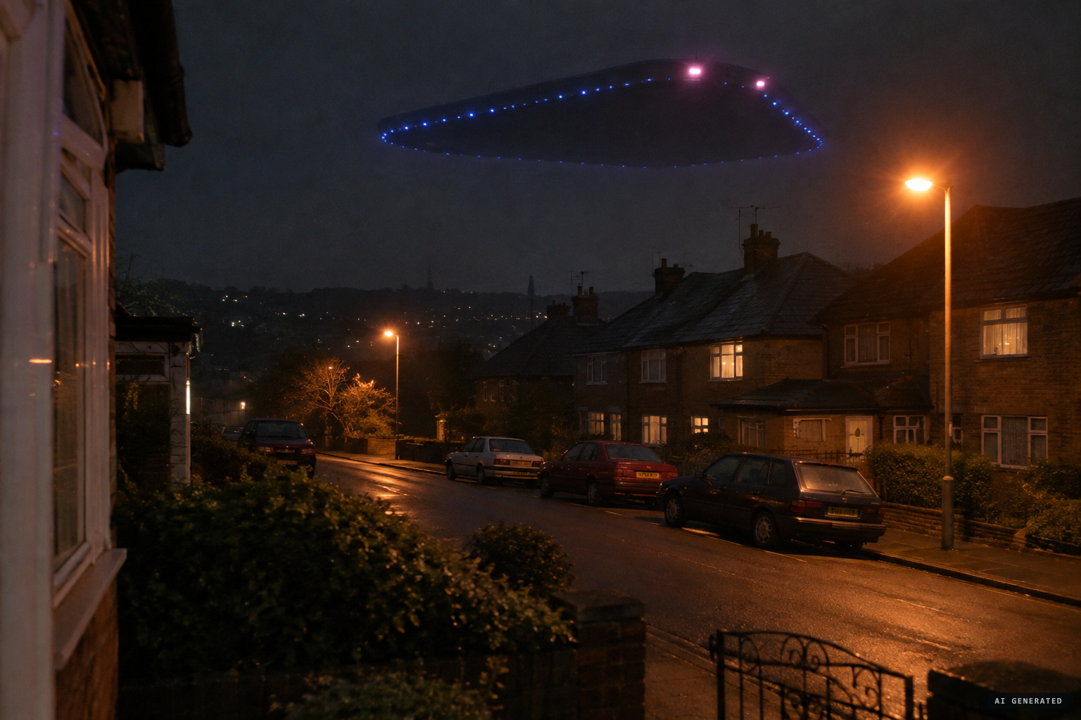 21:55, near Dronfield: a triangle 'with the corners cut off', pink lights in front, blue all around