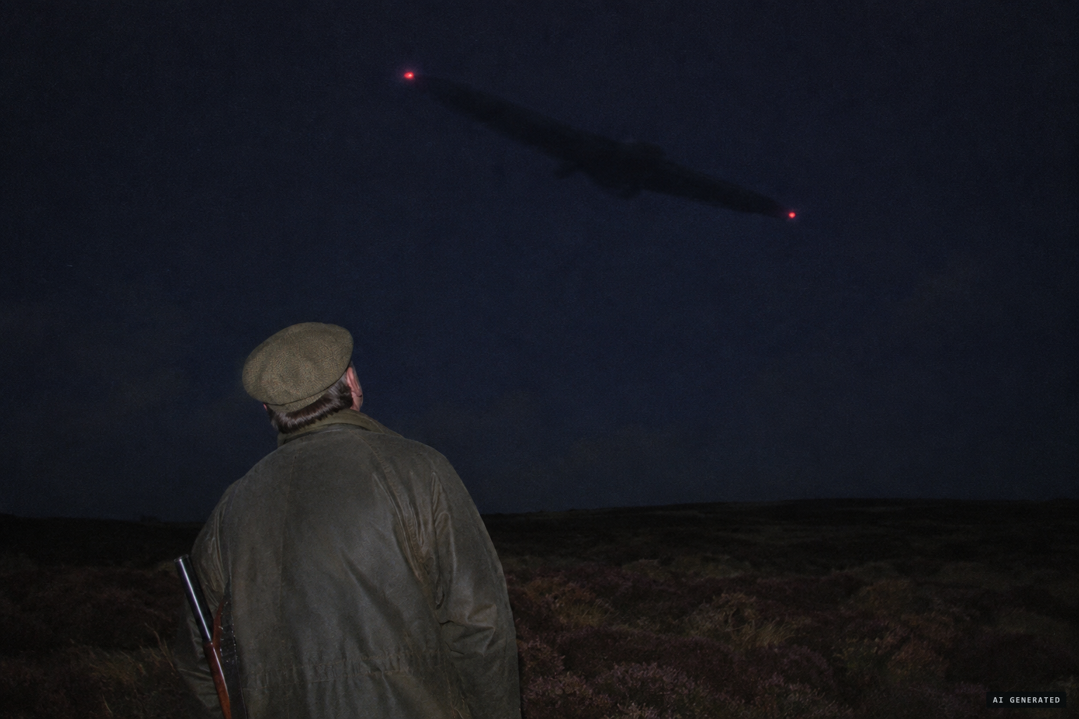 Midhope Moor: gamekeeper John Littlewood watches a big, low, slow aircraft with only two red lights