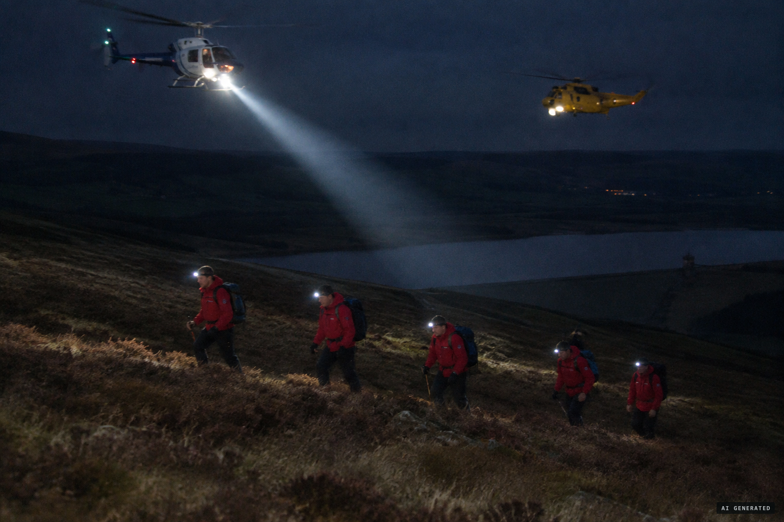 Night search: police helicopter, RAF Sea King and mountain rescue teams on the moors