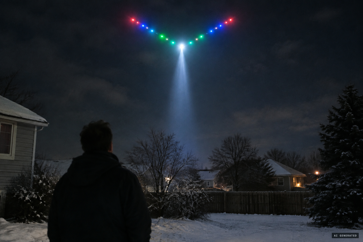December 31, 1982: a V of red, blue and green lights, with a white light beaming down from its center