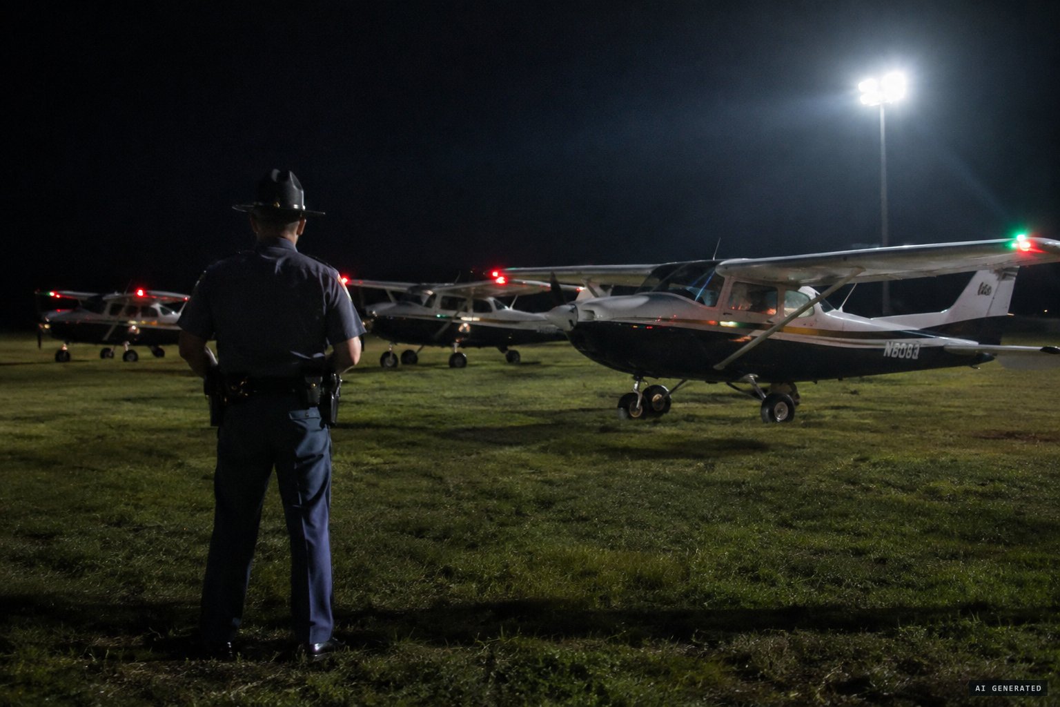 At Stormville Airport: light planes painted black underneath and rigged with bright lights