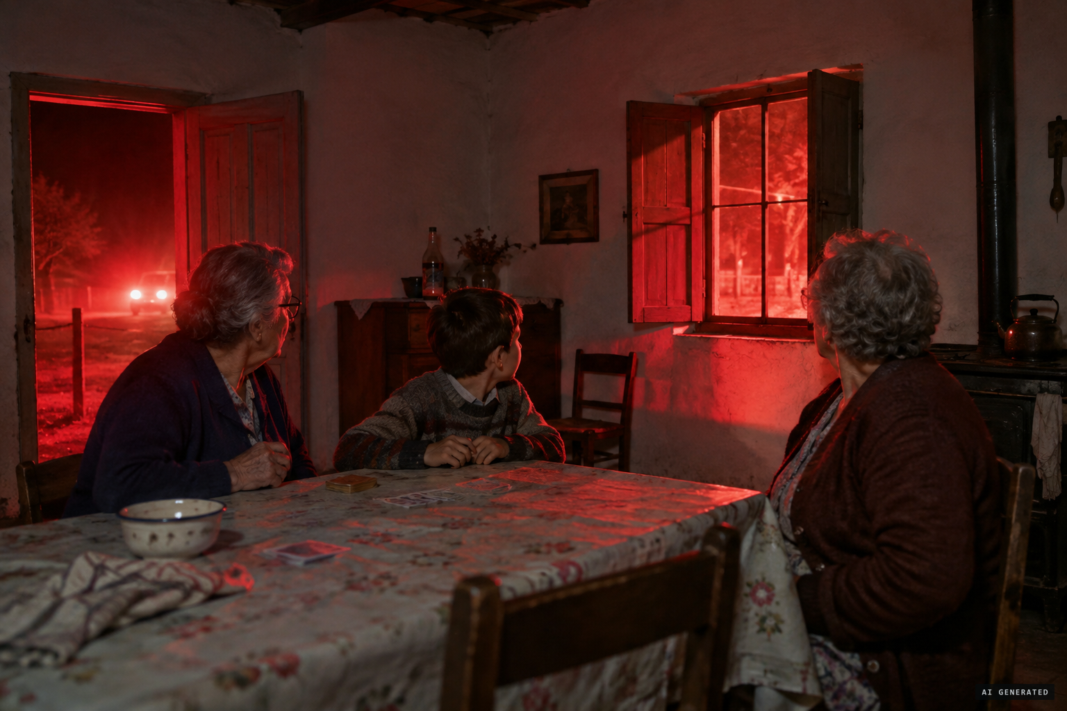 A bright red light comes in through the doors and windows