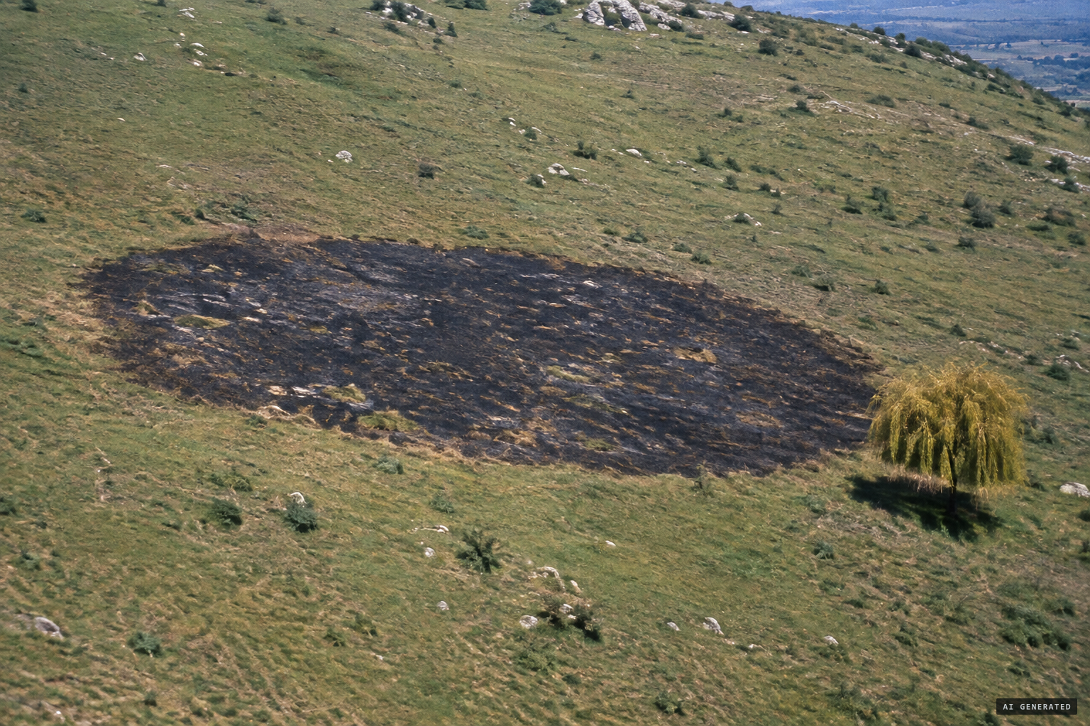 The 115 × 57 m oval of burned grass on Cerro Pajarillo