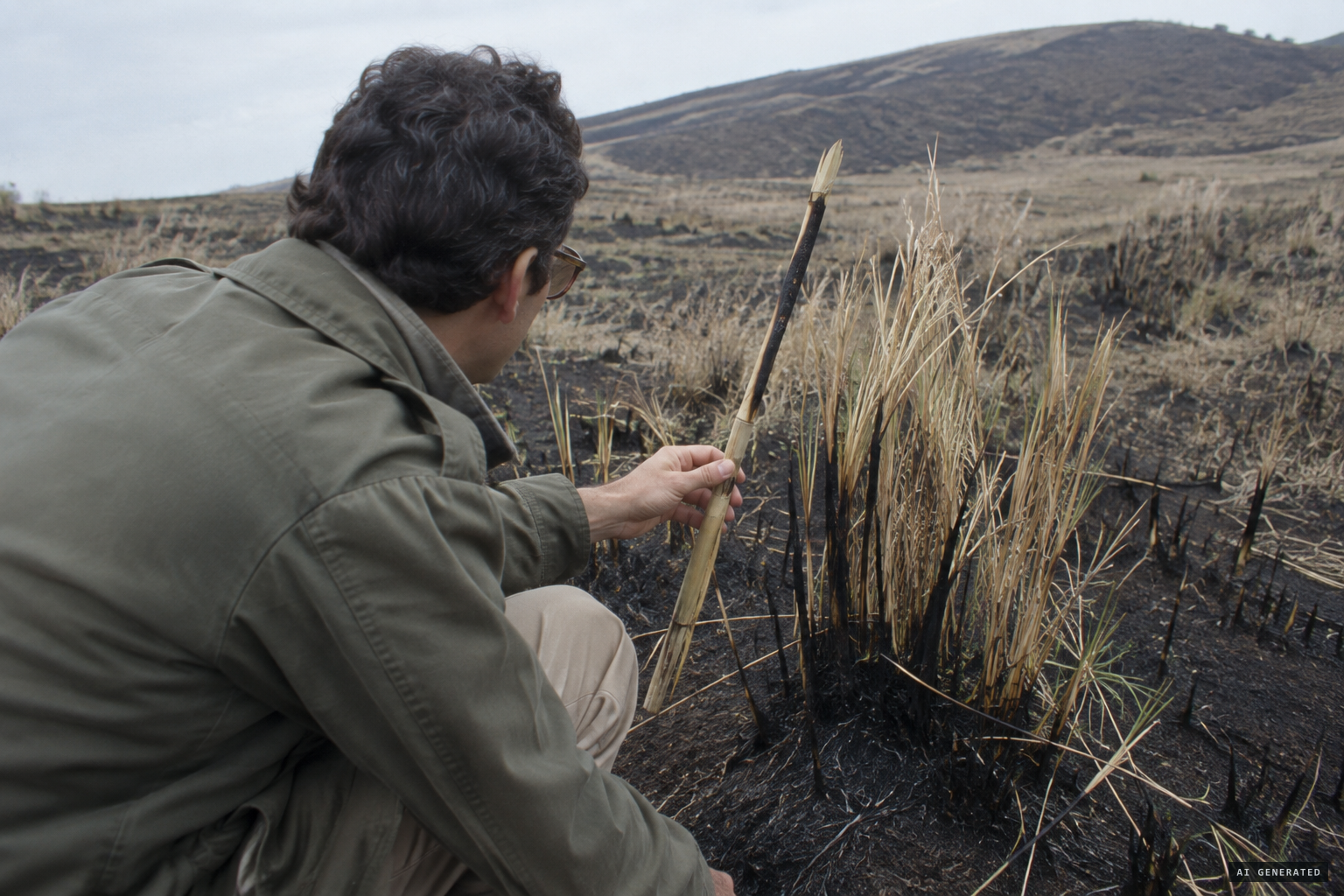 Alejandro Agostinelli examines the grass, charred at the base like a ground-level fire