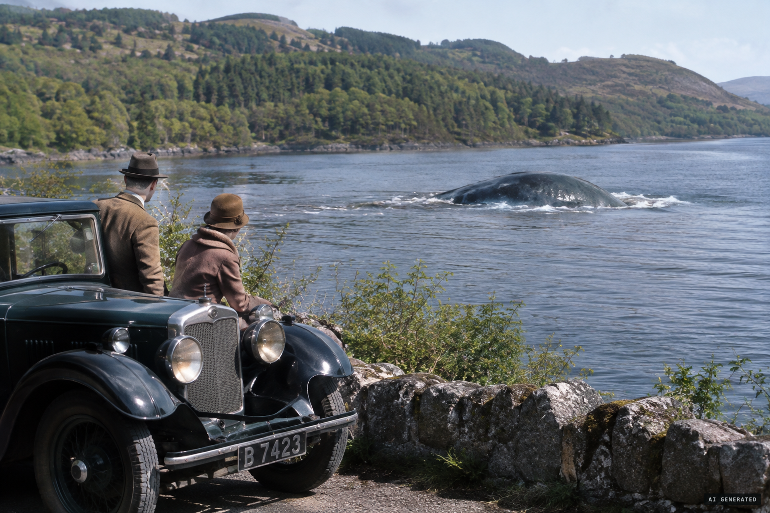 Aldie Mackay and her husband see a whale-bodied creature in the loch, April 1933