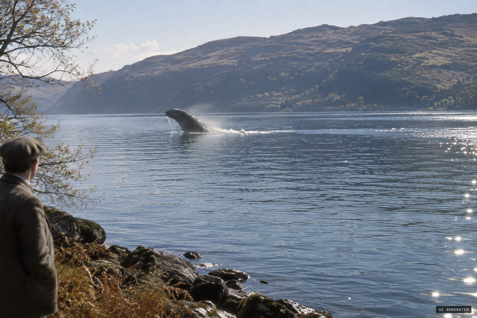 An object of considerable dimensions rises out of the calm, sunlit loch