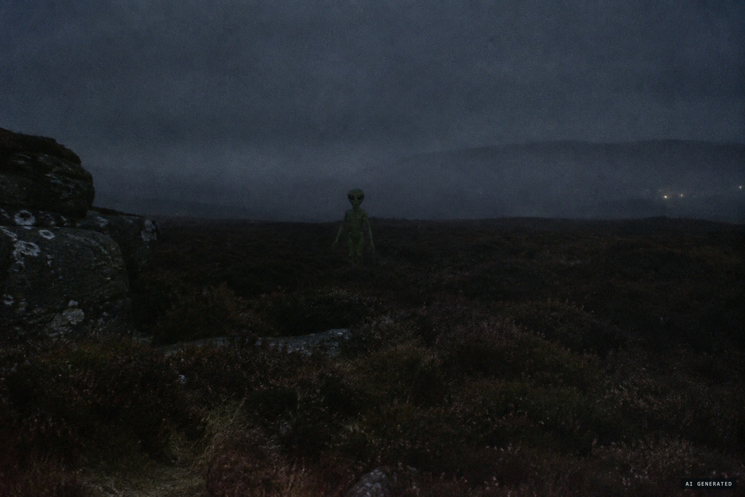 A small green creature with an oversized head and long thin arms, about 30 feet away