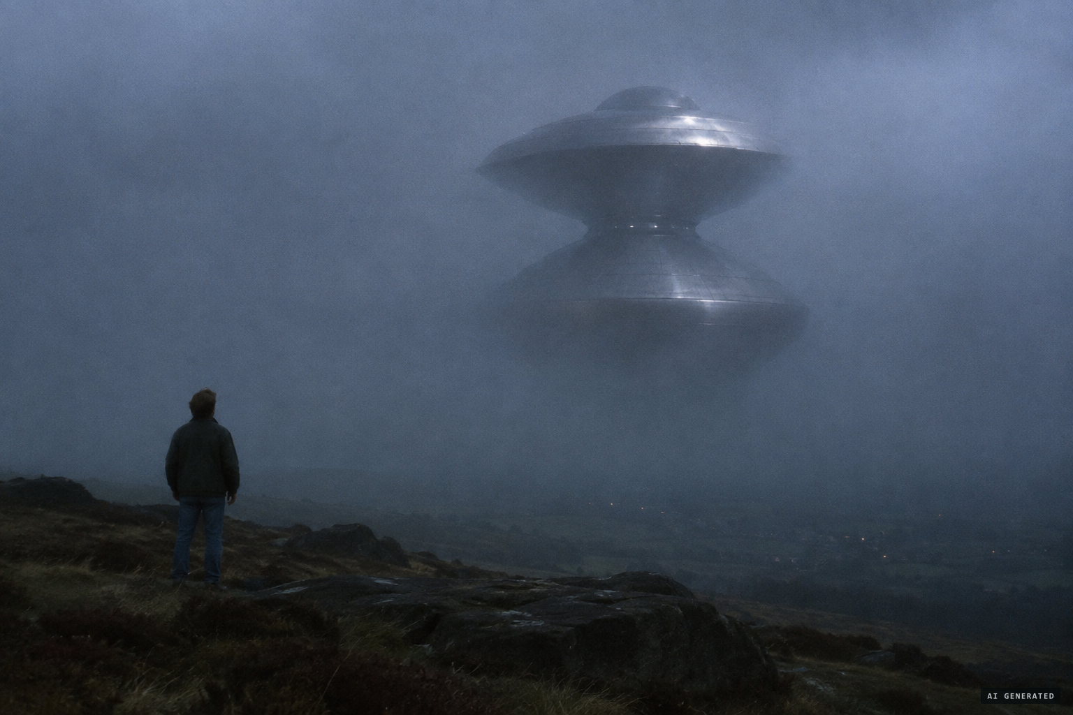 A craft like two silver saucers with a domed top rises from the moor into cloud