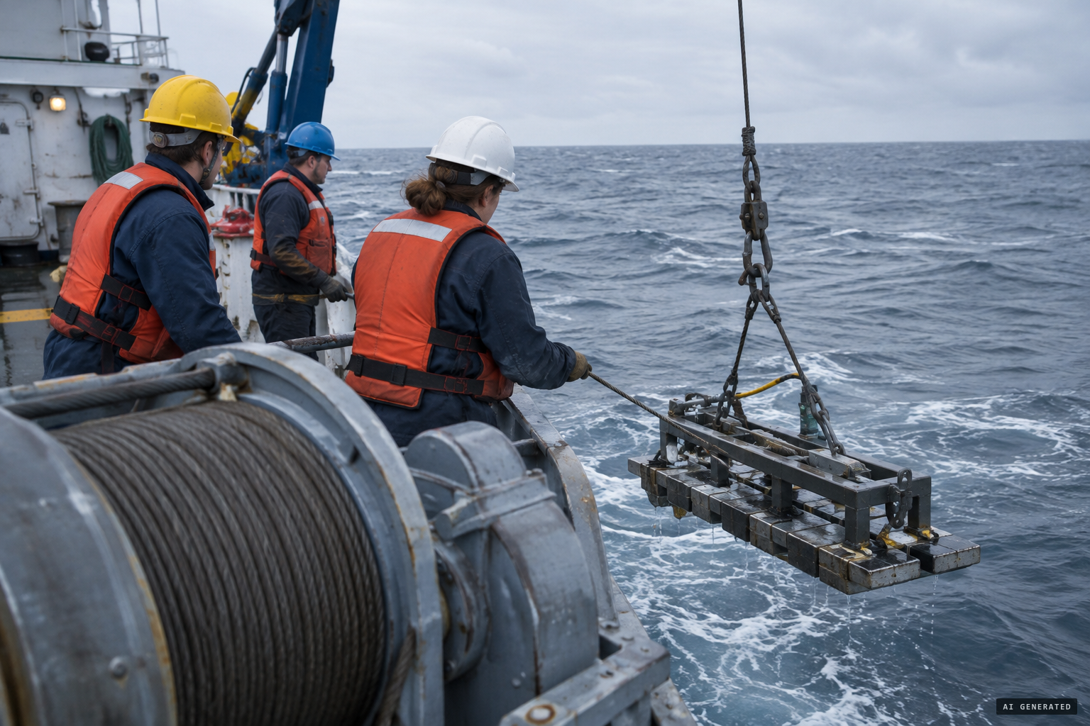The magnetic sled is lowered to drag the seafloor about 2 km down