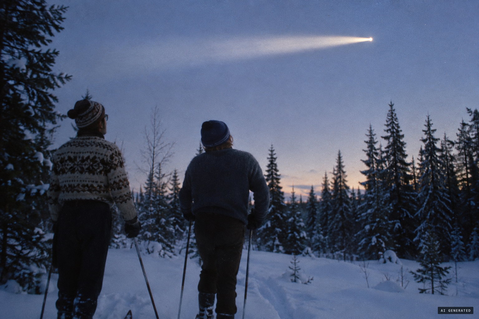 A buzzing light approaches from the north and sweeps around toward the skiers