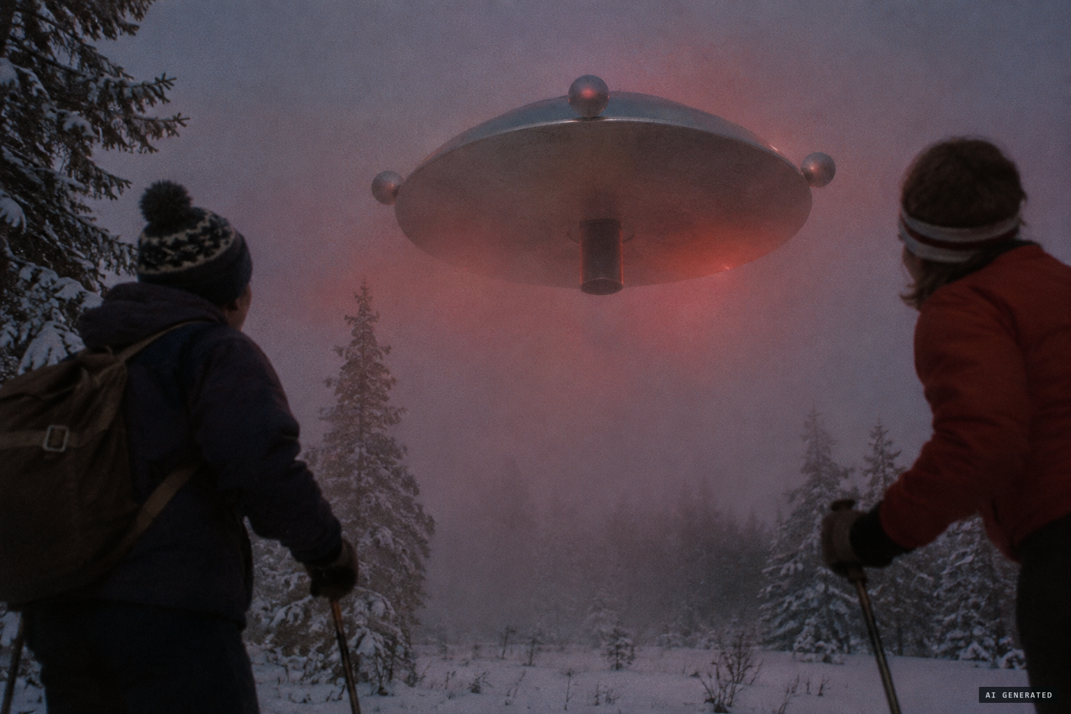 The domed disc with three spheres and a central tube hovers just above the snow