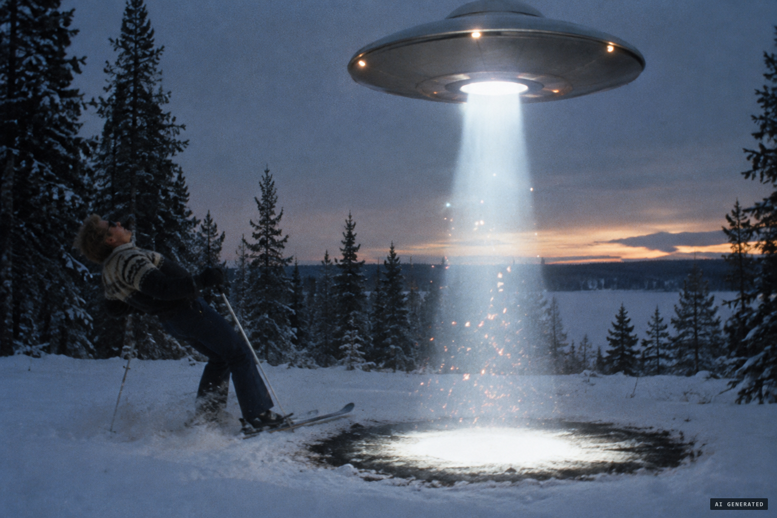 A white beam lights a black-ringed circle on the snow as coloured sparks rise
