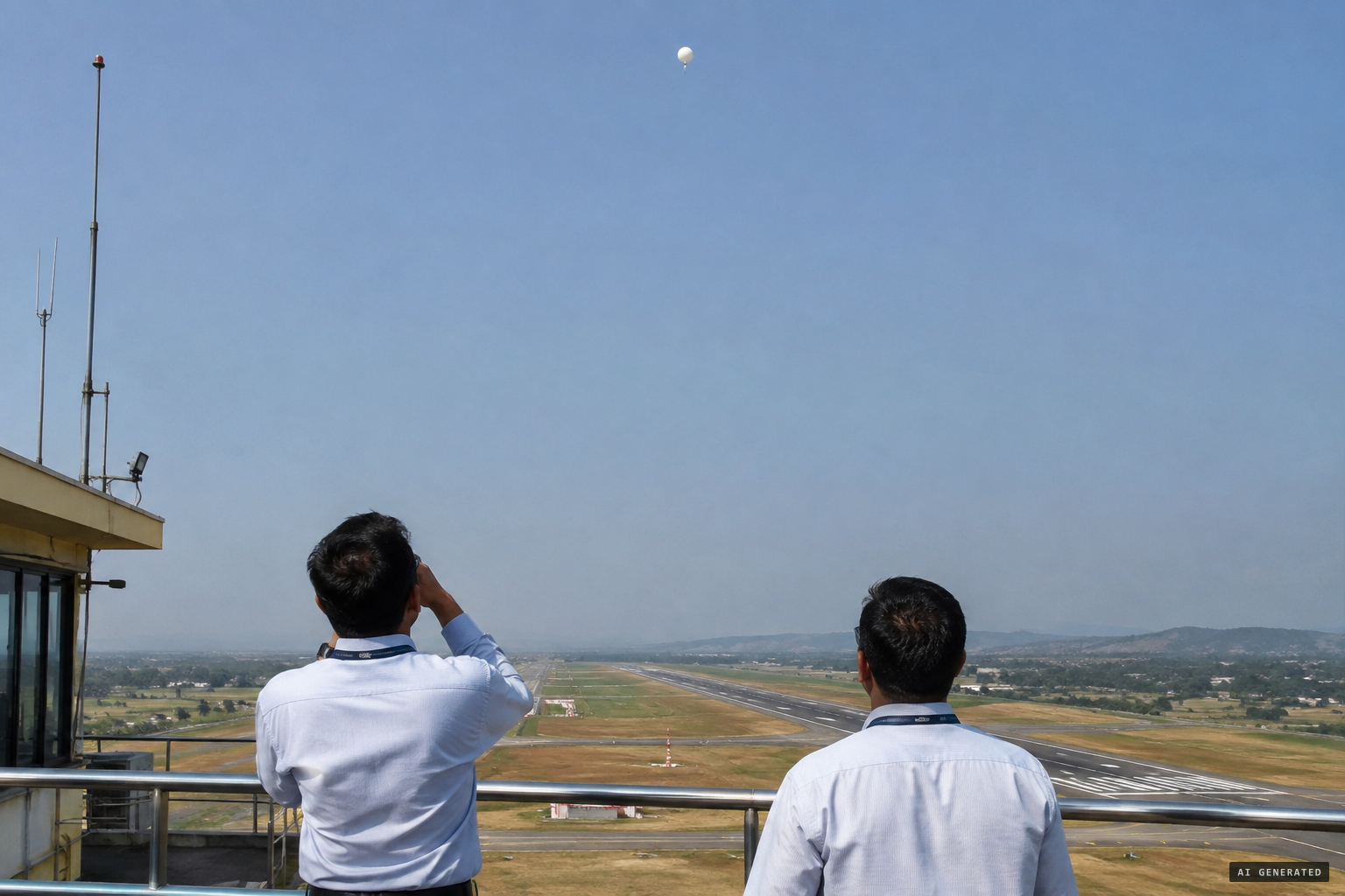 Controllers on the tower terrace watch the small white object stay still above the tower