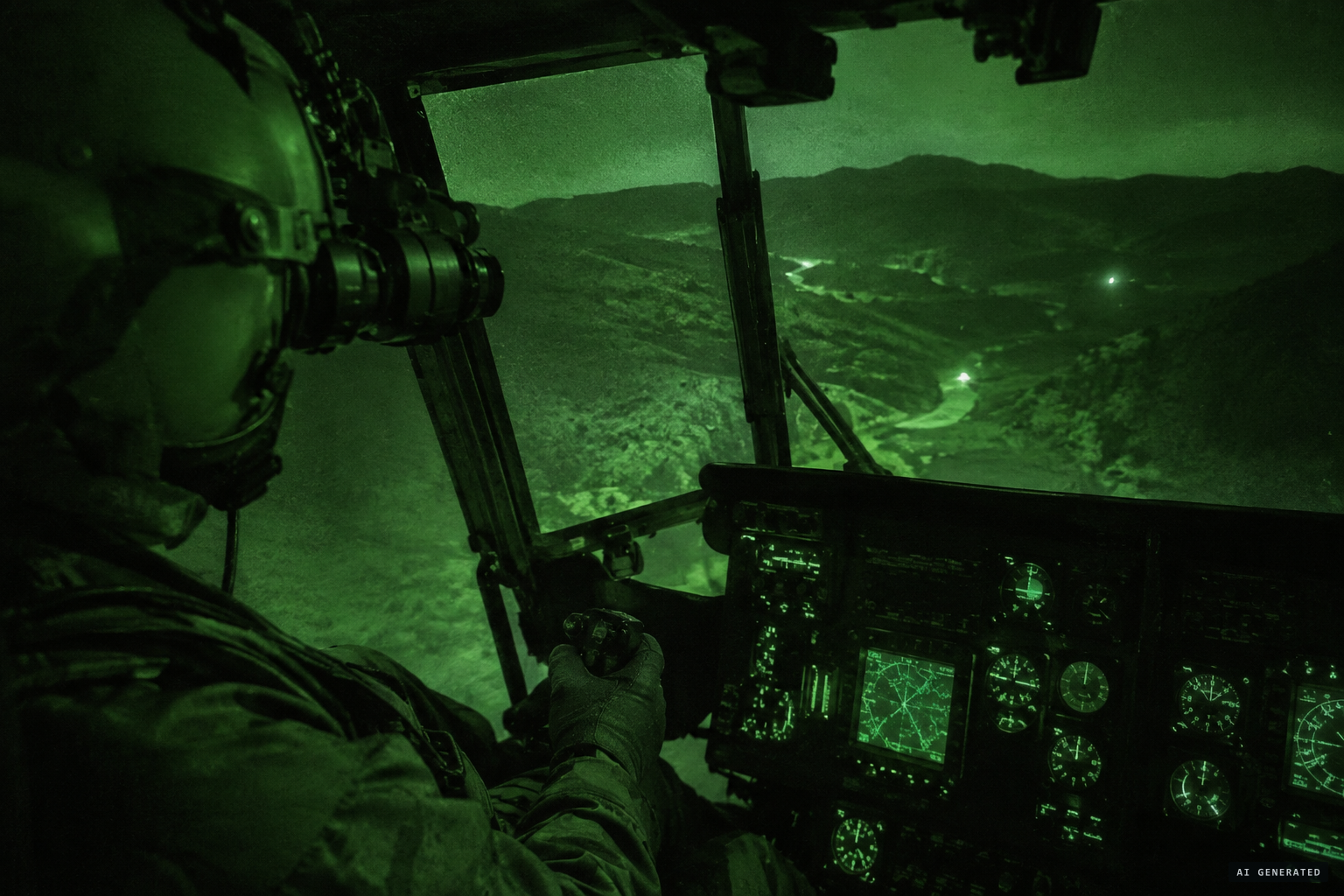 At night and under night vision goggles, Barber flies in to pick up the object
