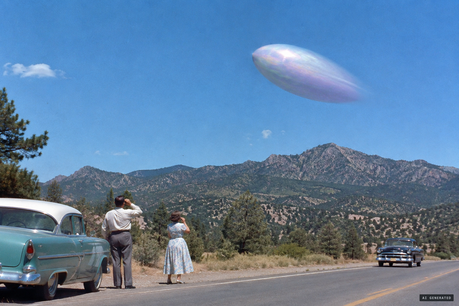 An egg-shaped object, shiny like mother of pearl, approaches over the Sacramento Mountains