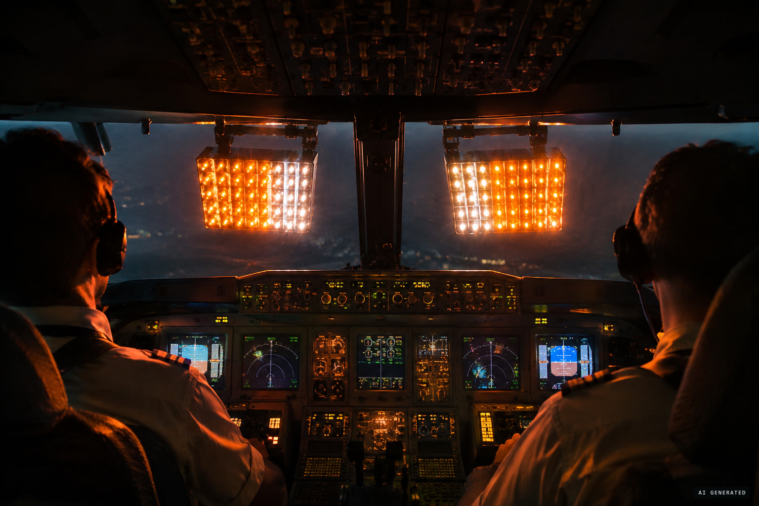 Two objects stop in front of the cockpit, lighting it up with amber and salmon light