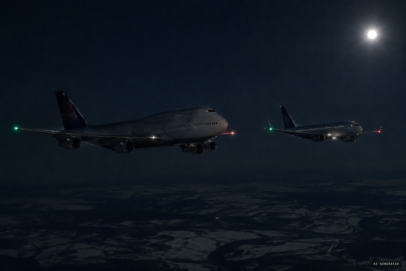 United Flight 69 comes alongside and sees only the 747 and the moonlight