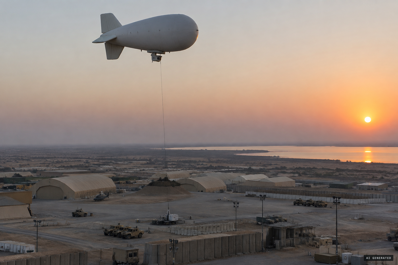 The tethered aerostat anchored above Al-Taqaddum Air Base